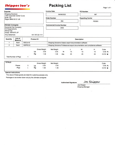 Packing List Sample Documentship